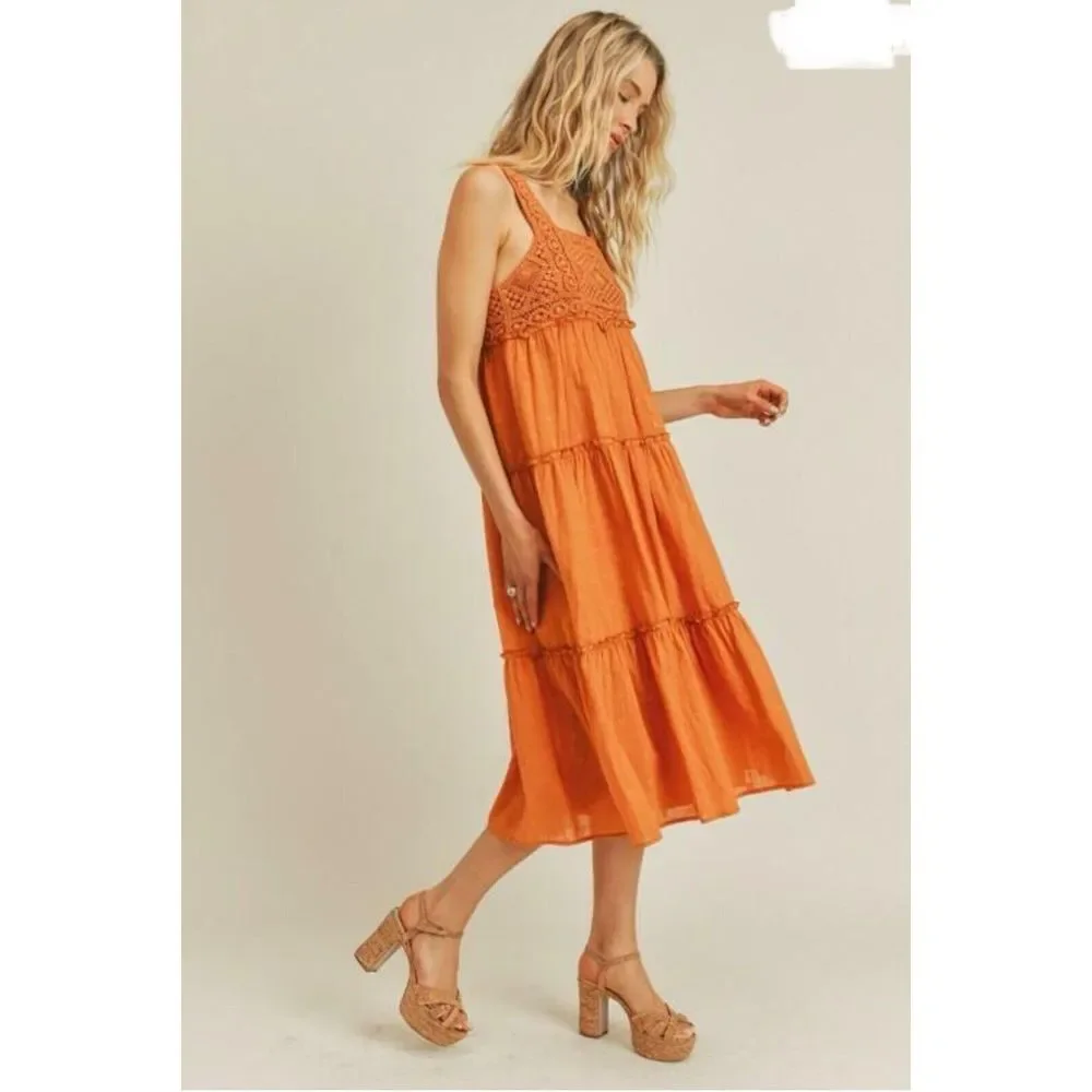 Lush Crochet Dress Women Sz S 4/6 Tiered Midi Ruffle‎ Trim Flowy Feminine Orange